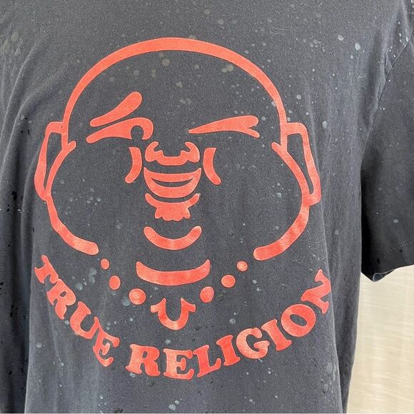 TRUE RELIGION Black Splatter Buddha Wink Graphic T Shirt Sz 3XL Y2K AOP Retro - Picture 10 of 10